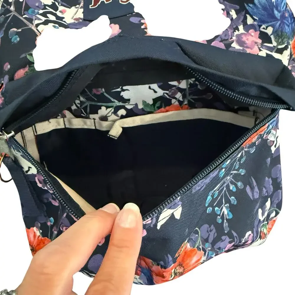 JanSport backpack, kids, girls, floral, coral, purple, navy blue, zippered